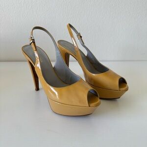 Sergio Rossi Elegant Tan Peep-Toe Slingback Heels, Size 38.5